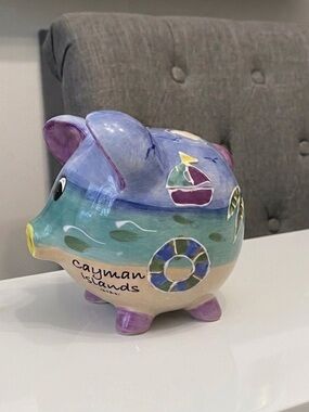Ceramic Cayman Islands Hand-Painted Blue & Teal Beach Piggy Bank